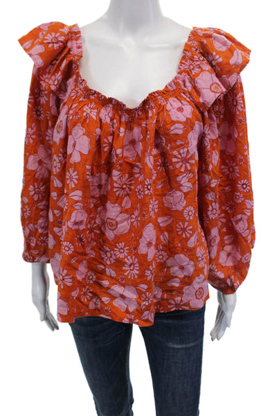 Free People Womens Cotton Floral Print Off The Shoulder Blouse Top Orange Size S