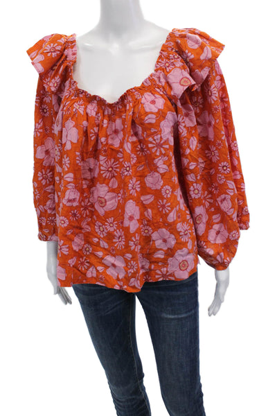 Free People Womens Cotton Floral Print Off The Shoulder Blouse Top Orange Size S