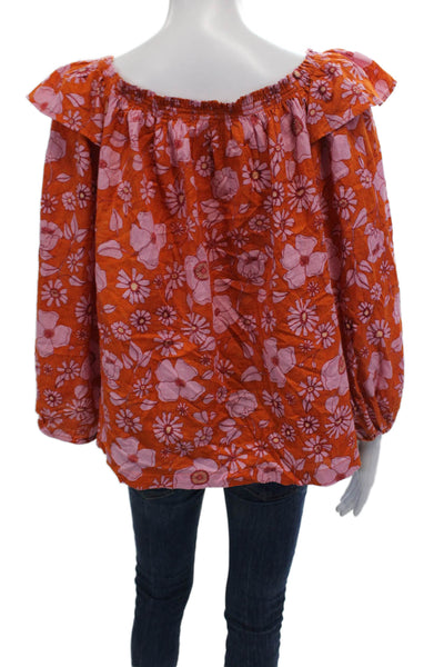 Free People Womens Cotton Floral Print Off The Shoulder Blouse Top Orange Size S