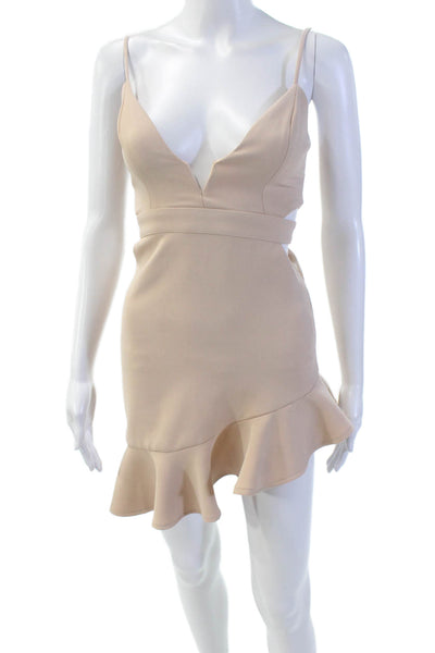 NBD Womens Cut Out V-Neck Ruffle Detail Sleeveless Shift Dress Beige Size XXS
