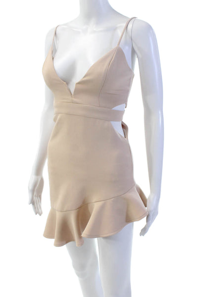 NBD Womens Cut Out V-Neck Ruffle Detail Sleeveless Shift Dress Beige Size XXS
