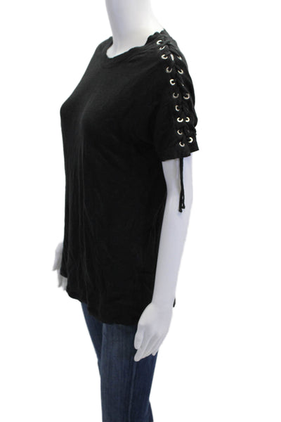 IRO Womens Linen Short Sleeve Lace Up Detail T Shirt Gray Size S