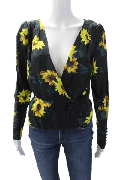 The Kooples Womens Silk Floral Print Polka Dot Wrap Blouse Black Yellow Size 1