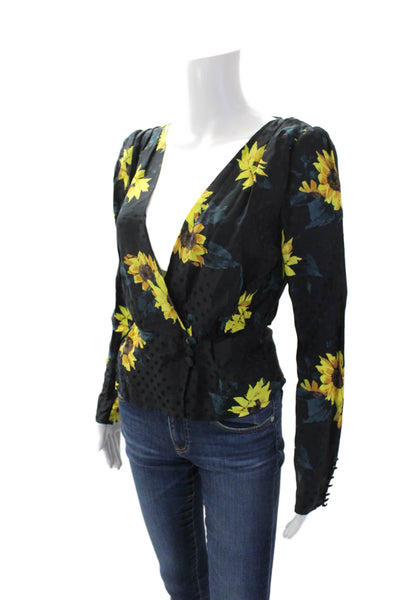 The Kooples Womens Silk Floral Print Polka Dot Wrap Blouse Black Yellow Size 1