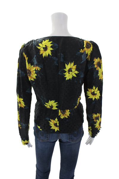 The Kooples Womens Silk Floral Print Polka Dot Wrap Blouse Black Yellow Size 1