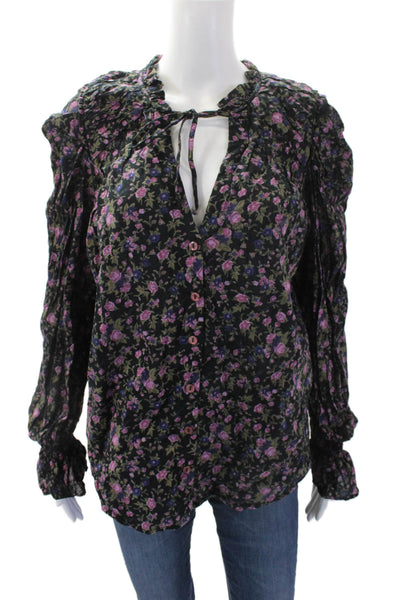 Free People Womens Cotton Floral Print Long Sleeve Button Down Top Black Size S