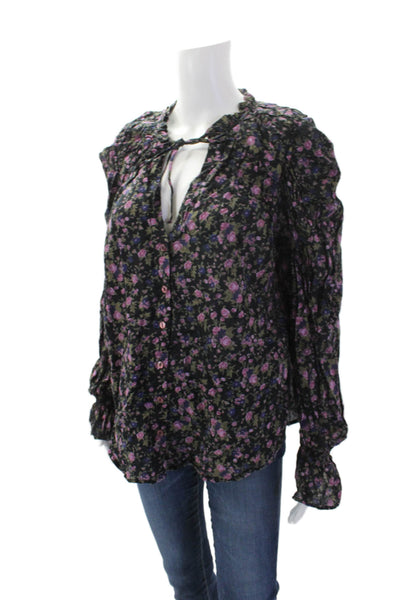 Free People Womens Cotton Floral Print Long Sleeve Button Down Top Black Size S