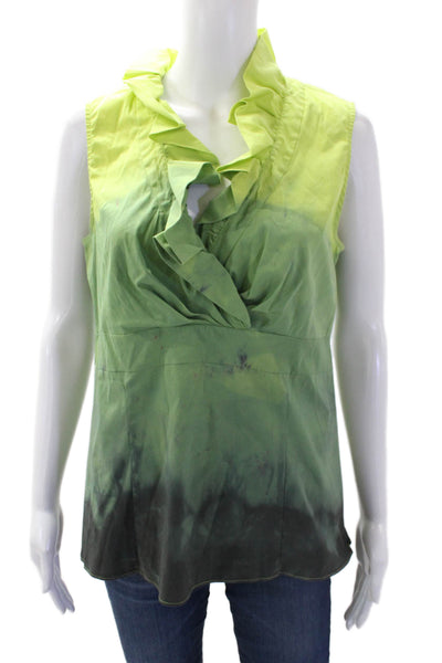 Lafayette 148 New York Womens Cotton Ombre V Neck Ruffle Blouse Green Size 6