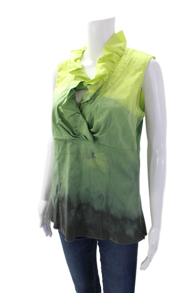 Lafayette 148 New York Womens Cotton Ombre V Neck Ruffle Blouse Green Size 6