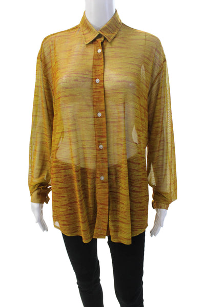 Designer Womens Sheer Long Sleeve Collared Button Down Blouse Green Size S