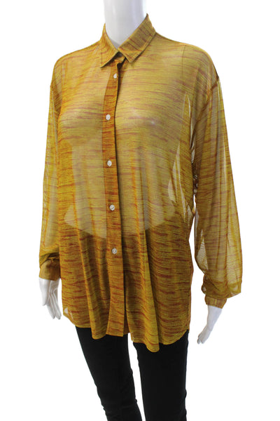 Designer Womens Sheer Long Sleeve Collared Button Down Blouse Green Size S