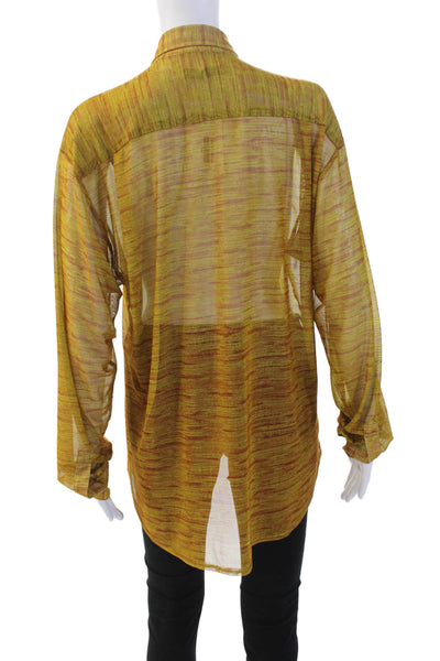 Designer Womens Sheer Long Sleeve Collared Button Down Blouse Green Size S