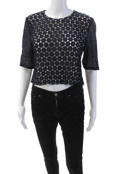 ALC Womens Cotton Geometric Short Sleeve Round Neck Blouse Blue Size L