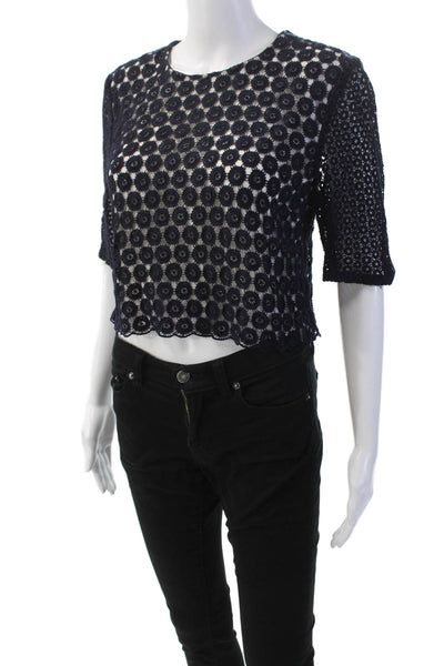 ALC Womens Cotton Geometric Short Sleeve Round Neck Blouse Blue Size L