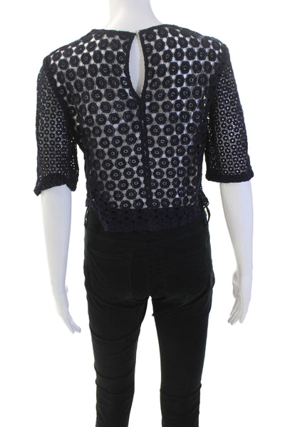 ALC Womens Cotton Geometric Short Sleeve Round Neck Blouse Blue Size L