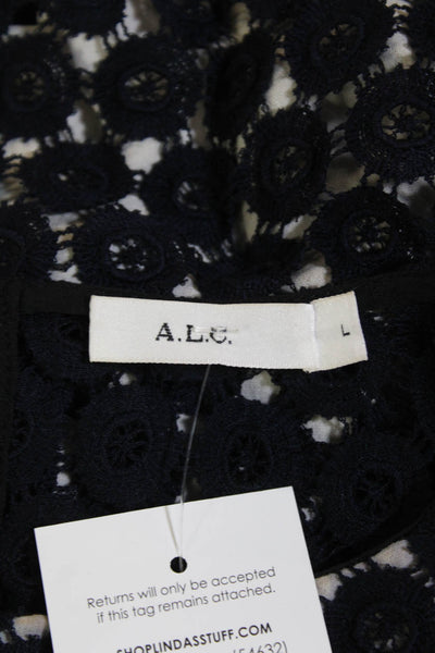 ALC Womens Cotton Geometric Short Sleeve Round Neck Blouse Blue Size L