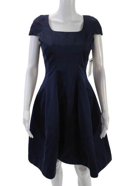 Belle Badgley Mischka Womens Short Sleeves Pleated A Line Dress Navy Blue Size 4