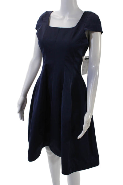 Belle Badgley Mischka Womens Short Sleeves Pleated A Line Dress Navy Blue Size 4