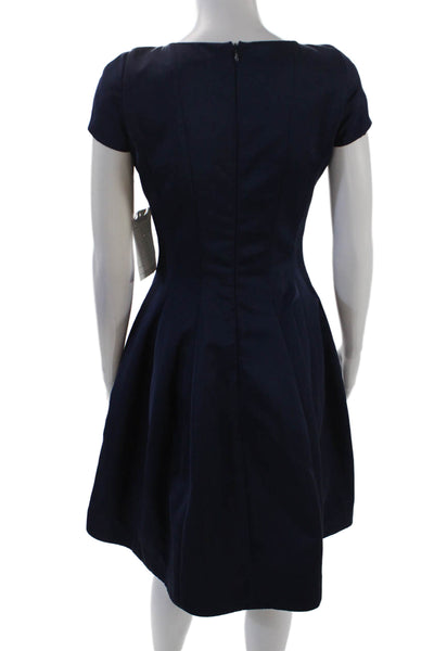 Belle Badgley Mischka Womens Short Sleeves Pleated A Line Dress Navy Blue Size 4