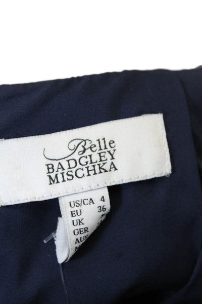 Belle Badgley Mischka Womens Short Sleeves Pleated A Line Dress Navy Blue Size 4