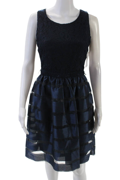 Belle Badgley Mischka Womens Lace Sleeveless A Line Dress Navy Blue Size 4