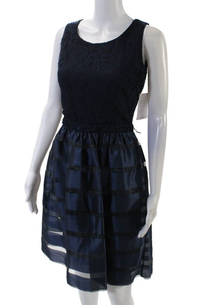 Belle Badgley Mischka Womens Lace Sleeveless A Line Dress Navy Blue Size 4