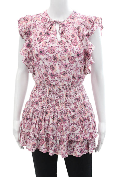 Aqua Womens Floral Printed Lightweight Synched Waist Peplum Blouse Pink Size XS