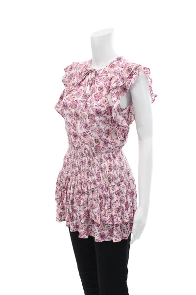 Aqua Womens Floral Printed Lightweight Synched Waist Peplum Blouse Pink Size XS