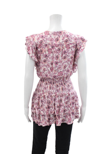Aqua Womens Floral Printed Lightweight Synched Waist Peplum Blouse Pink Size XS