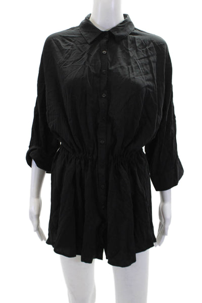 L Space Womens Button Down Drawstring Waist Shirt Dress Black Size Extra Small