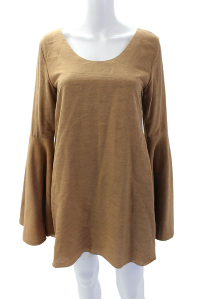 Azeeza Women's Round Neck Bell Sleeves Lined Mini Dress Brown Size S