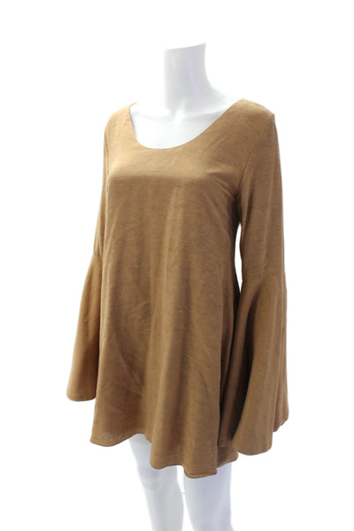 Azeeza Women's Round Neck Bell Sleeves Lined Mini Dress Brown Size S