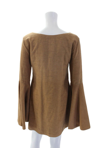 Azeeza Women's Round Neck Bell Sleeves Lined Mini Dress Brown Size S