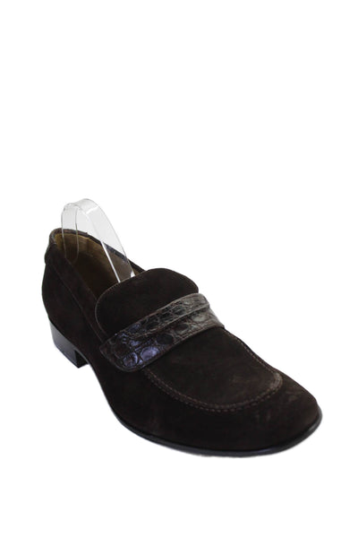 Tardini Mens Suede Alligator Skin Trim Slip On Loafer Dress Shoes Brown Size 11