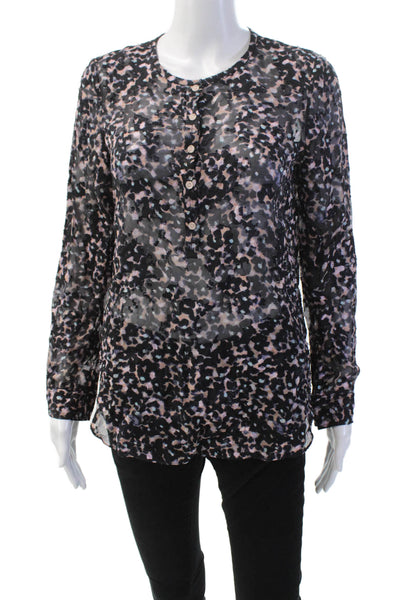 Rebecca Taylor Womens Silk V-neck Button Long Sleeve Animal Print Top Black Size