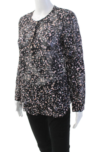 Rebecca Taylor Womens Silk V-neck Button Long Sleeve Animal Print Top Black Size