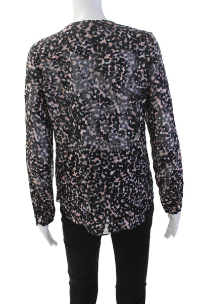 Rebecca Taylor Womens Silk V-neck Button Long Sleeve Animal Print Top Black Size