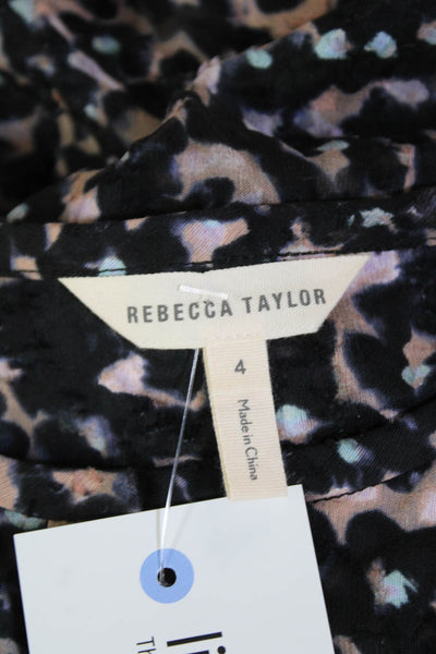 Rebecca Taylor Womens Silk V-neck Button Long Sleeve Animal Print Top Black Size