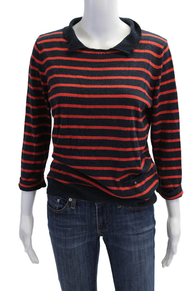 Margaret OLeary Womens Striped Pointelle Collared Sweater Navy Red Size Medium