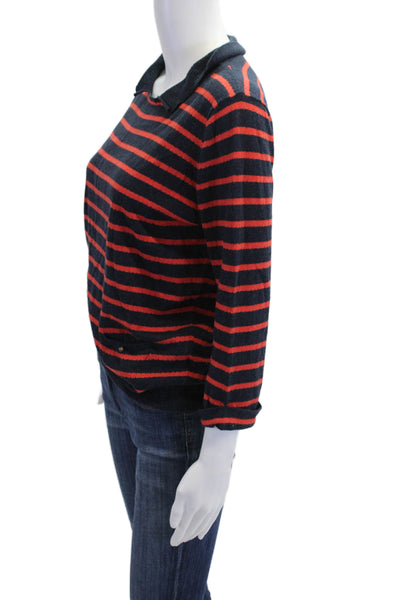 Margaret OLeary Womens Striped Pointelle Collared Sweater Navy Red Size Medium
