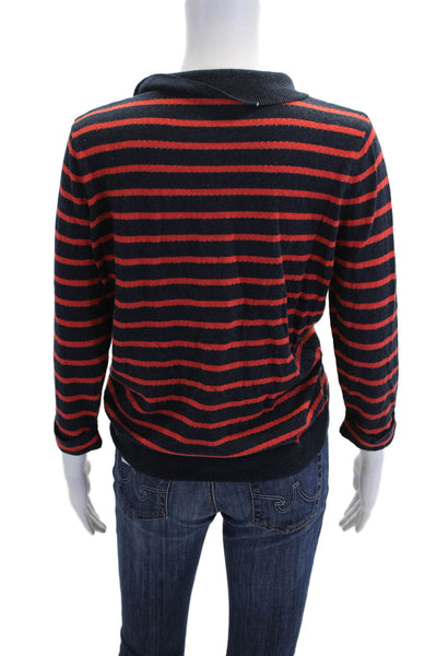 Margaret OLeary Womens Striped Pointelle Collared Sweater Navy Red Size Medium
