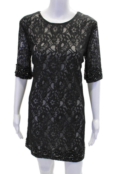 Badgley Mischka Women's Embellish Lace Short Sleeves Mini Dress Black Size 4