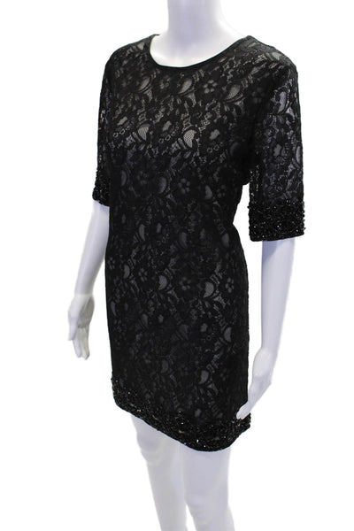 Badgley Mischka Women's Embellish Lace Short Sleeves Mini Dress Black Size 4