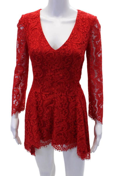 Belle Badgley Mischka Women's V-Neck Long Sleeves Lace Mini Dress Red Size 4