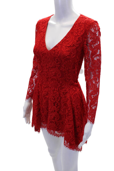 Belle Badgley Mischka Women's V-Neck Long Sleeves Lace Mini Dress Red Size 4