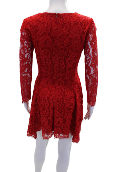 Belle Badgley Mischka Women's V-Neck Long Sleeves Lace Mini Dress Red Size 4