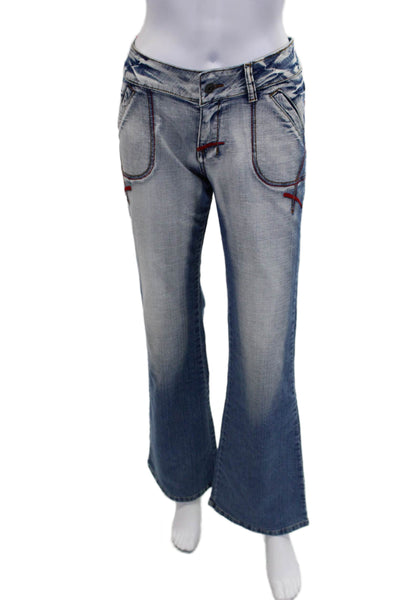 Gezhidon Womens Cotton Low Rise Stitching Detail Flared Jeans Blue Size XL