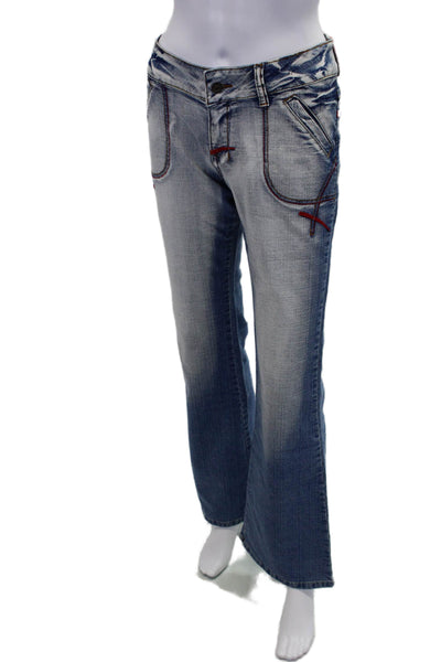 Gezhidon Womens Cotton Low Rise Stitching Detail Flared Jeans Blue Size XL