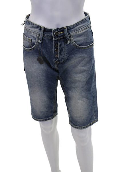 NYC Projects Cotton Distressed Buttoned Knee Length Denim Shorts Blue Size 26