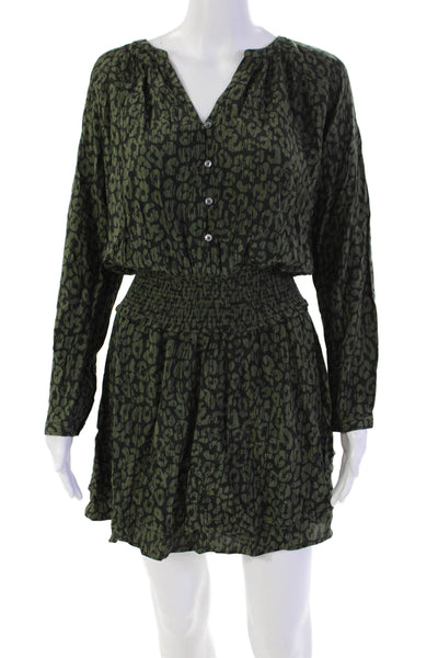Rails Womens Long Sleeve V Neck Smocked Leopard Dress Green Black Size Small